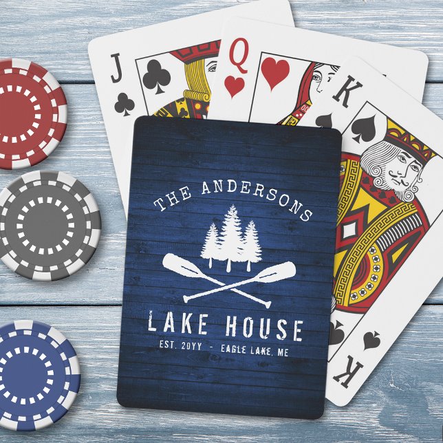 Rustic Sjö House Boat Oars Träd Blue Wood Print Casinokort (Skapare uppladdad)