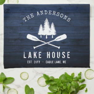 Rustic Sjö House Boat Oars Träd Blue Wood Print Kökshandduk
