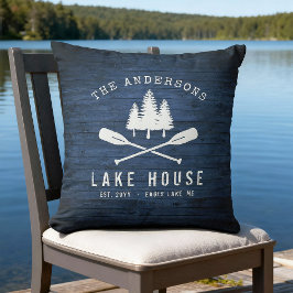 Rustic Sjö House Boat Oars Träd Blue Wood Print Kudde