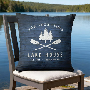 Rustic Sjö House Boat Oars Träd Blue Wood Print Kudde