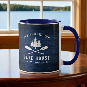 Rustic Sjö House Boat Oars Träd Blue Wood Print Mugg