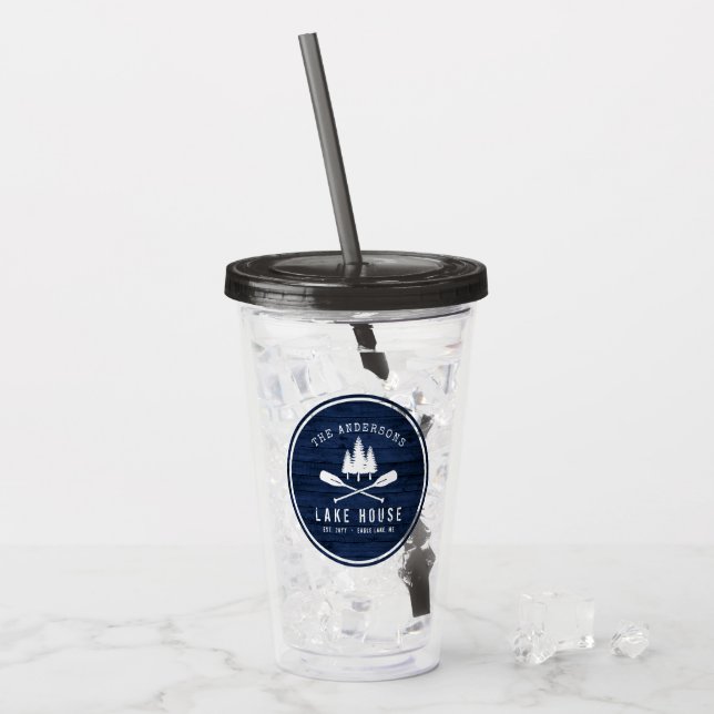 Rustic Sjö House Boat Oars Träd Blue Wood Print Take Away Mugg (Framsida Ice)
