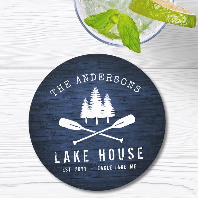 Rustic Sjö House Boat Oars Träd Blue Wood Print Underlägg Papper Rund (Skapare uppladdad)