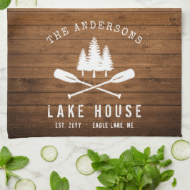 Rustic Sjö House Boat Oars Träd Wood Print Kökshandduk
