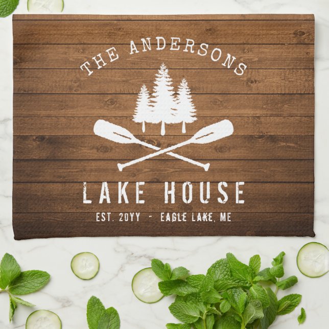 Rustic Sjö House Boat Oars Träd Wood Print Kökshandduk (Vikta)