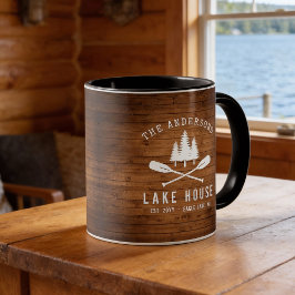 Rustic Sjö House Boat Oars Träd Wood Print Mugg