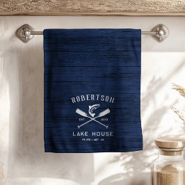 Rustic Sjö House Family Namn Navy Blue Wood Kökshandduk