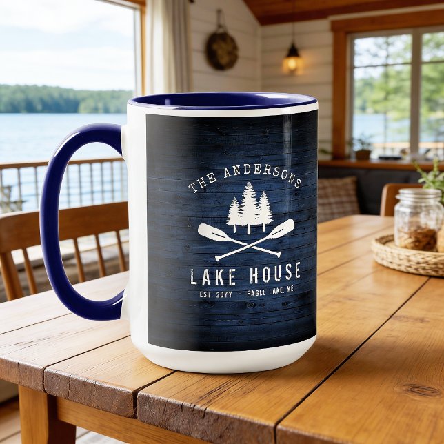 Rustic Sjö House Oars Träd Blue Wood Print Large Mugg (Skapare uppladdad)