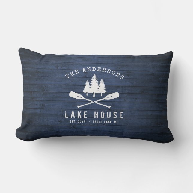 Rustic Sjö House Oars Träd Blue Wood Print Patio Lumbarkudde (Framsida)