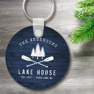 Rustic Sjö House Oars Träd Blue Wood Print Round Nyckelring
