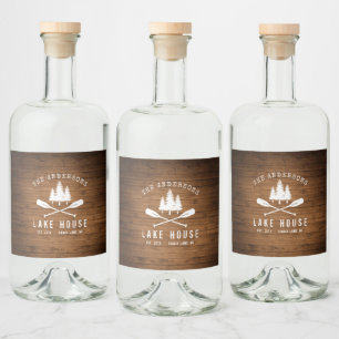 Rustic Sjö House Oars Träd Wood Print Spritflaskor Etikett