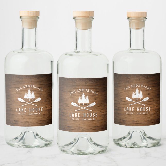 Rustic Sjö House Oars Träd Wood Print Spritflaskor Etikett (Flaskor)