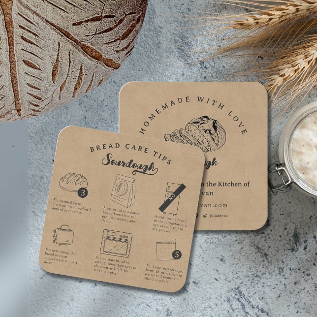 Rustic Sketch Homemade Sourdough Bread Care Tips Fyrkantigt Visitkort (Rustic Sketch Homemade Sourdough Bread Care Tips Square Business Card )