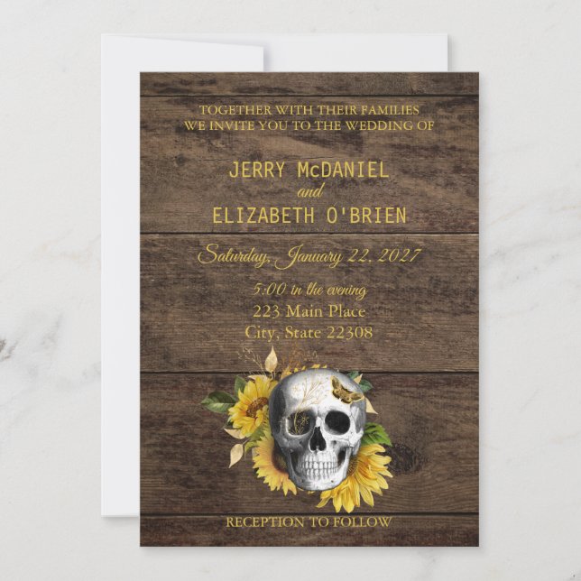 Rustic Skulls inbjudan till solrosbröllop (Framsida)