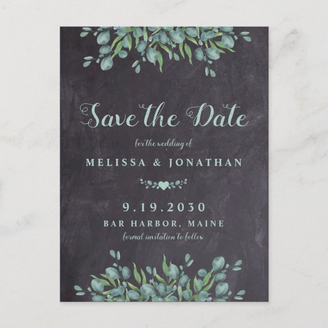 Rustic Slate Eucalyptus Greenery Save Date Meddelande Vykort (Framsida)