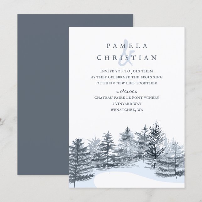 Rustic, Slate Gray Pine Trees Forest Wedding Inbjudningar (Fram/baksida)