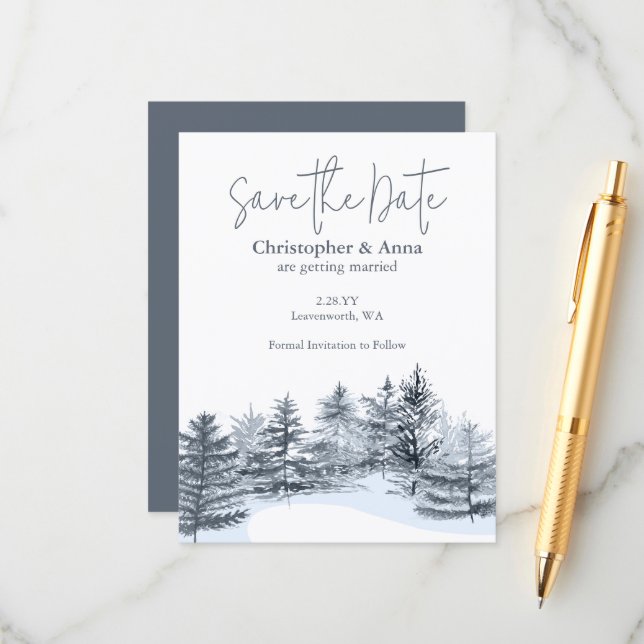 Rustic Slate Gray Pine Trees Wedding Save the Date Rådkort (Fram/Back In Situ)