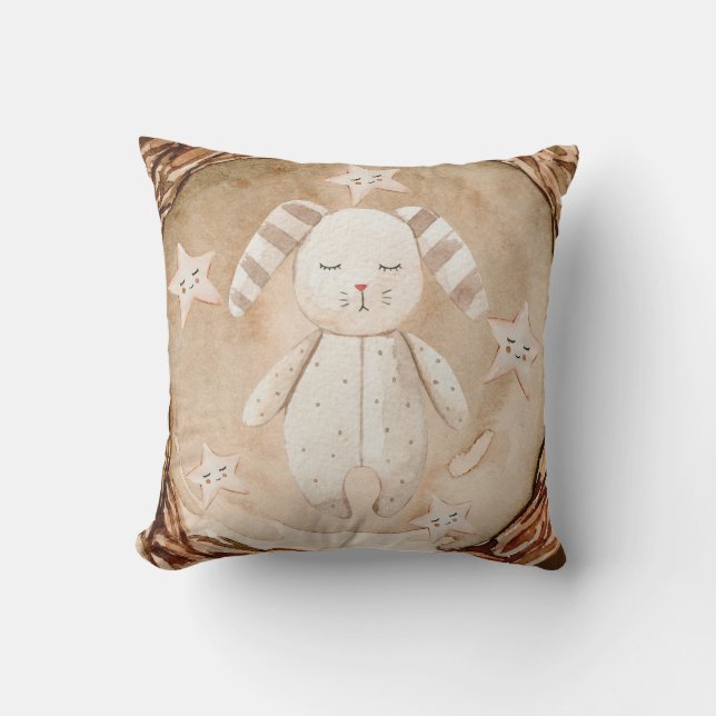 Rustic Sleeping Bunny Rabbit Stars Nursery Kudde (Framsida)