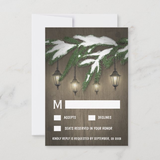 Rustic Snö Evergreen Lantern Bröllop OSA Card Kort (Framsida)