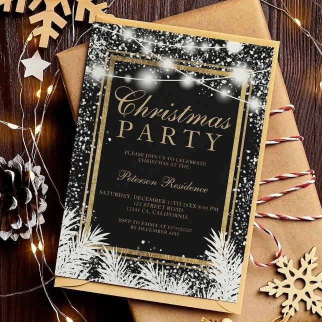 Rustic snö svarta gräs-stranden ljus inbjudningar (Rustic snow black Christmas pine string lights Invitation)