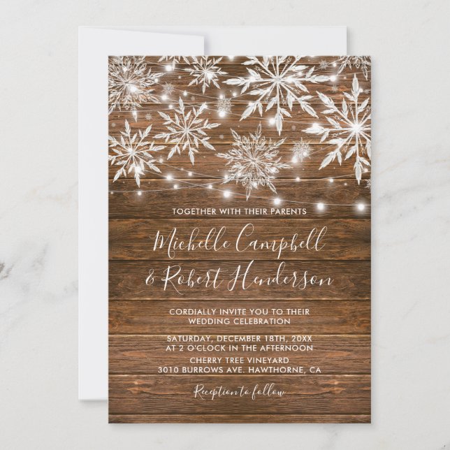 Rustic Snöflingor Barn Wood Winter Wedding Inbjudningar (Framsida)