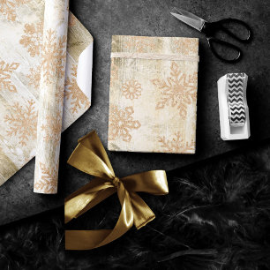 Rustic Snöflingor Guld Grunge White Wood Planks Presentpapper