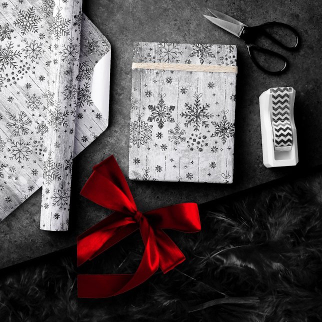 Rustic Snöflingor | Silver Diamond Wood Mönster Presentpapper (Skapare uppladdad)