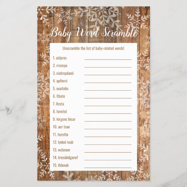 Rustic Snöflingor Winter Baby Shower Ord-skam Flygblad (Framsidan)