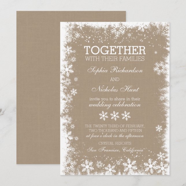 Rustic Snöflingor Winter Wedding-inbjudningar Inbjudningar (Fram/baksida)