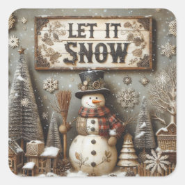Rustic Snögubbe 'Låt det snöa' Winter Sticker Fyrkantigt Klistermärke