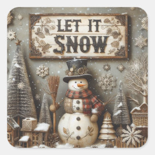 Rustic Snögubbe 'Låt det snöa' Winter Sticker Fyrkantigt Klistermärke