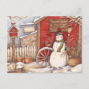 Rustic Snögubbe Winter Scene Vykort