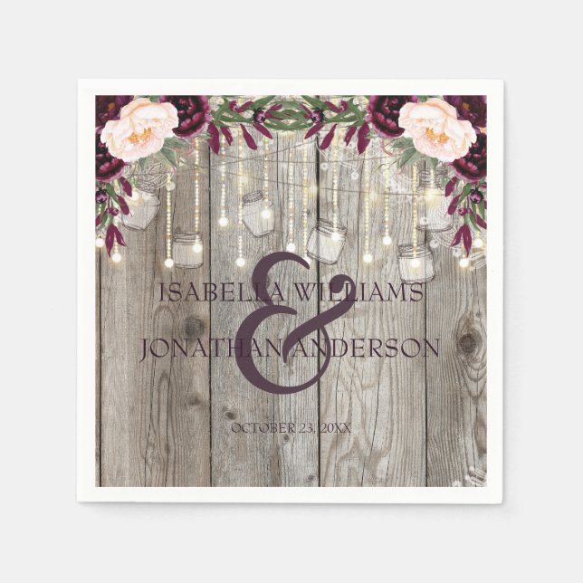 Rustic Snöre Burk Wood & String Ljus Bröllop Pappersservett (Framsidan)