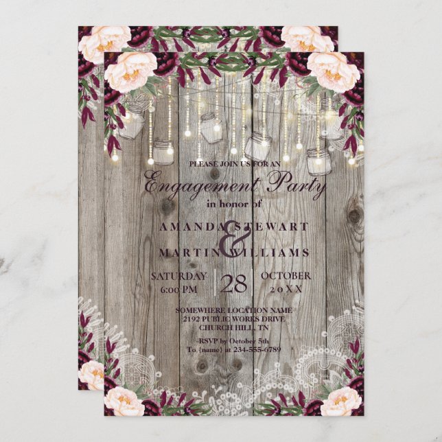 Rustic Snöre Burk Wood & String Ljus Förlovning Inbjudningar (Fram/baksida)