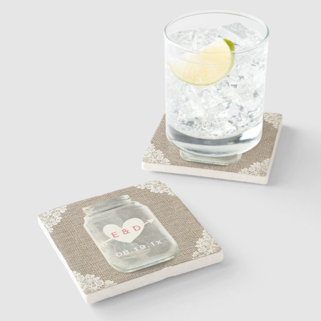 Rustic Snöre & Burlap Mason Burk Bröllop Stenunderlägg (Sidan)