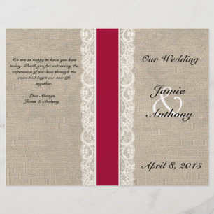Rustic Snöre & Burlap Red Ribbon Bröllopsprogram