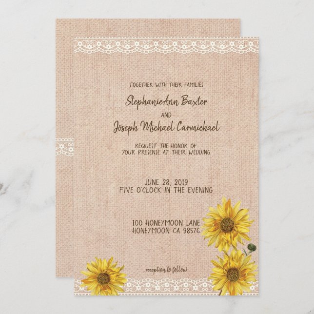 Rustic Snöre & Burlap Sunblommor Bröllop Card Inbjudningar (Fram/baksida)