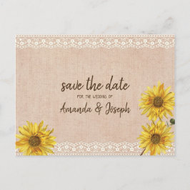 Rustic Snöre & Burlap Sunblommor Spara datumet Meddelande Vykort