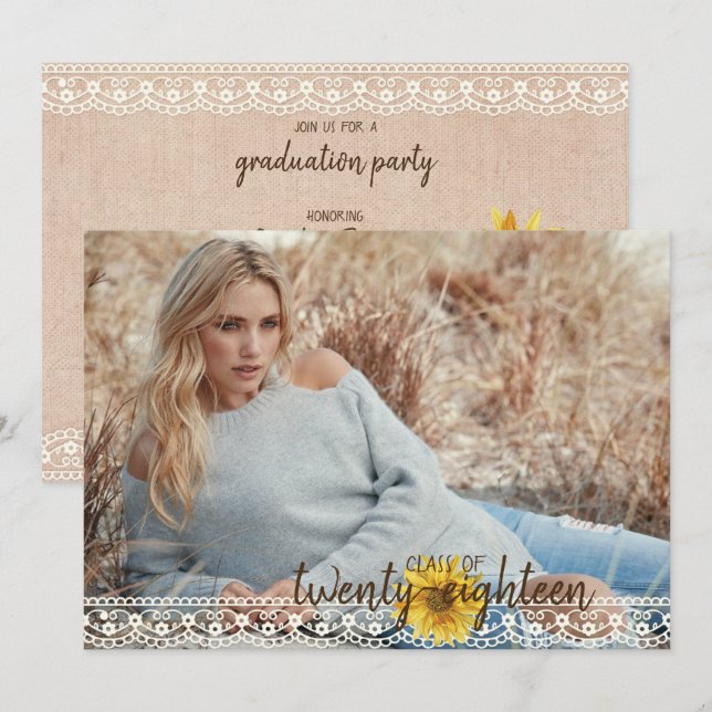 Rustic Snöre & Burlap Sunblommor Studenten Card Inbjudningar (Fram/baksida)