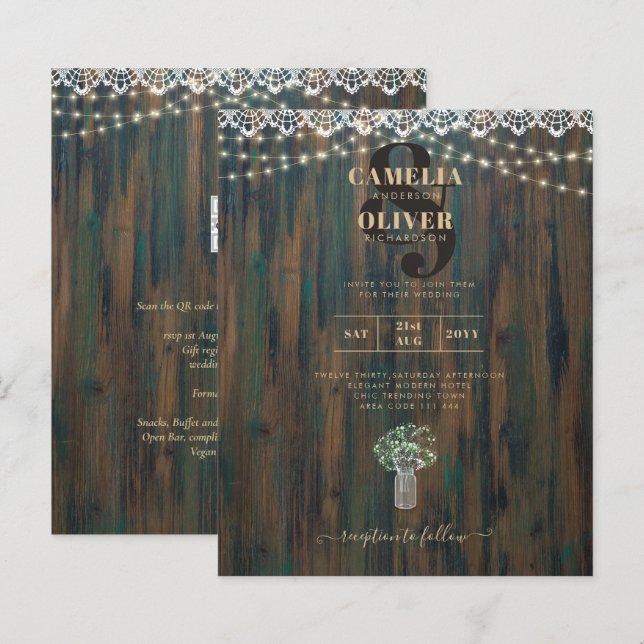 Rustic Snöre Gypsophila Ljus Mason Burk Bröllop (Fram/baksida)