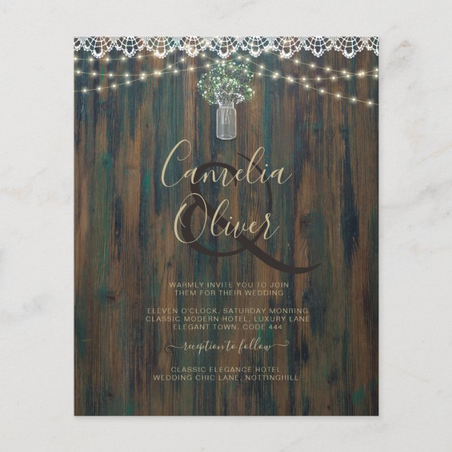 Rustic Snöre Gypsophila Ljus Mason Burk Bröllop Flygblad (Framsidan)