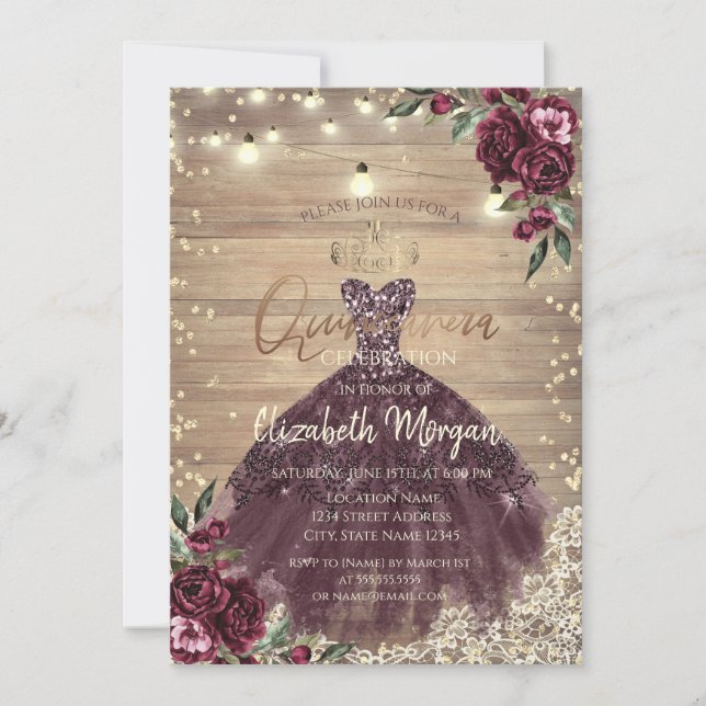 Rustic Snöre,Ljus,Dress,Ro Wood Quinceañera Inbjudningar (Framsida)