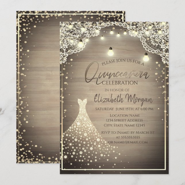 Rustic Snöre,Ljus,Wood Diamonds Dress Quinceañera Inbjudningar (Fram/baksida)