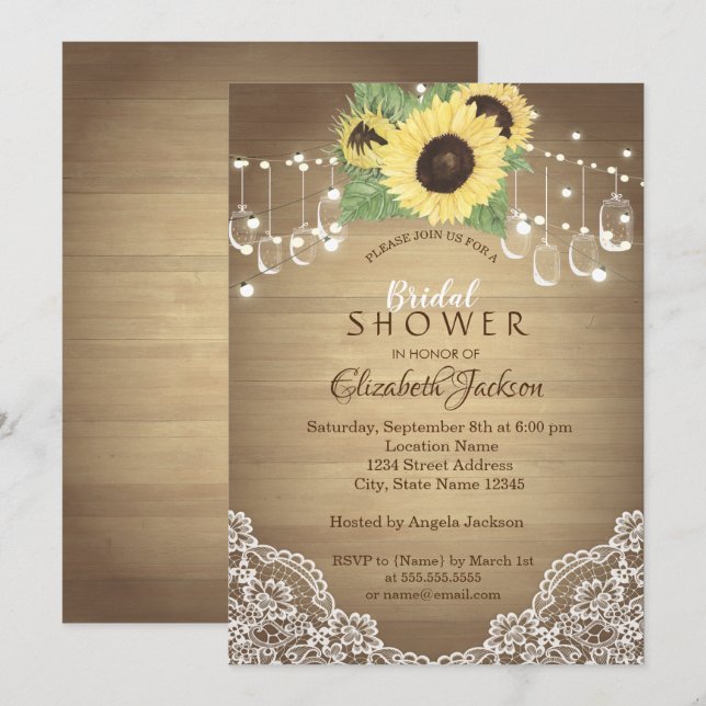 Rustic Snöre, Mason Burk, String Ljus, Solros Inbjudningar (Fram/baksida)