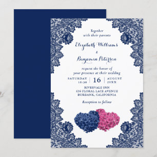 Rustic Snöre Navy Blue and Rosa Blommigt Bröllop Inbjudningar