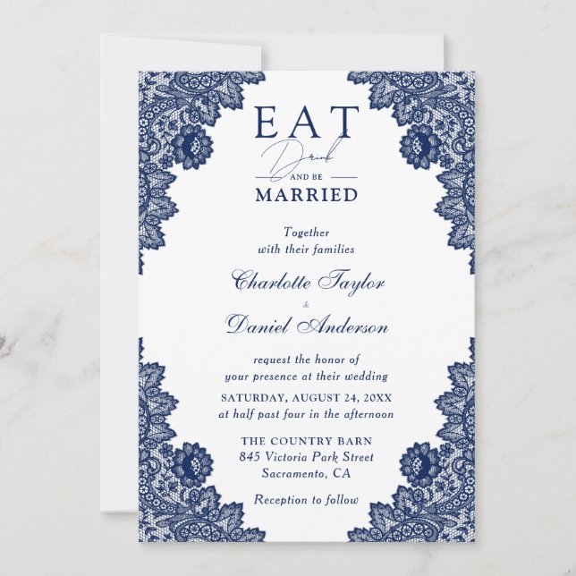 Rustic Snöre Navy Blue Eat Drink and be married Inbjudningar (Framsida)