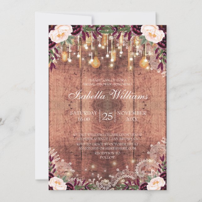 Rustic Snöre Wood String Ljus |Möhippa Inbjudningar (Framsida)