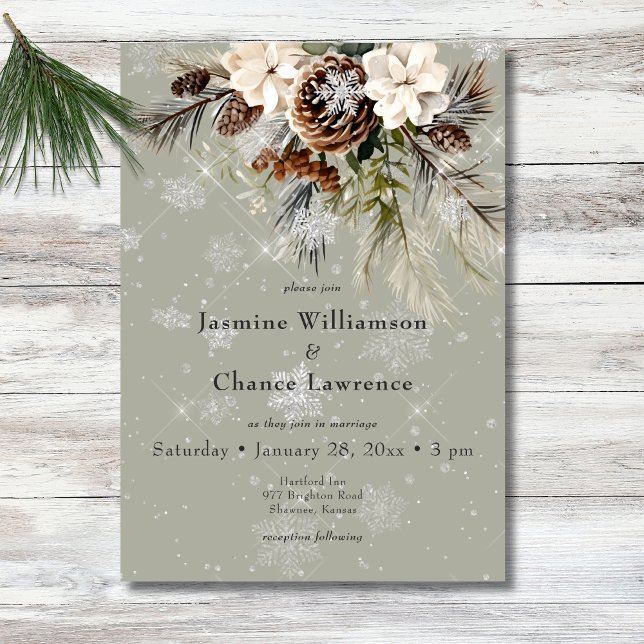 Rustic Snowfall Gräs & White Blommigt Sage Bröllop Inbjudningar (Rustic Snowfall Pine & White Floral Sage Wedding Invitation)