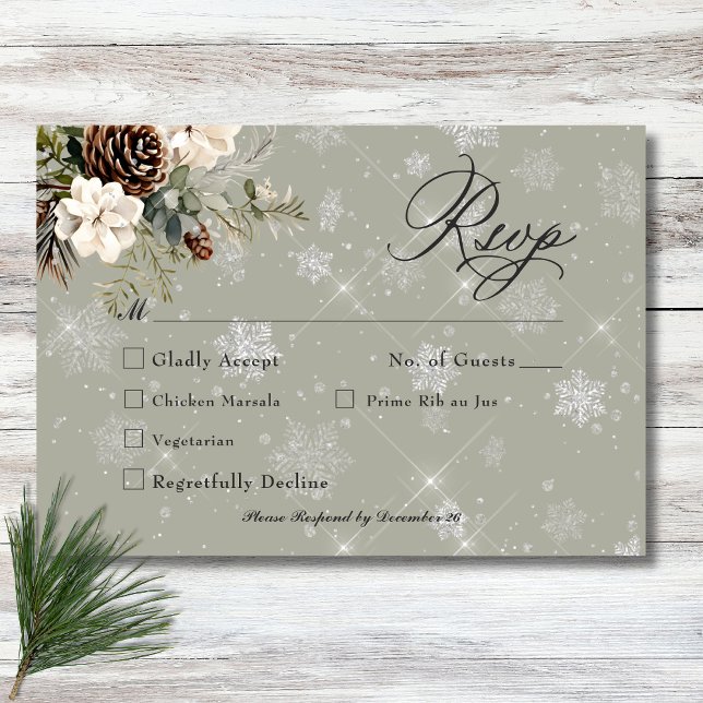 Rustic Snowfall Gräs & White Blommigt Sage Bröllop OSA Kort (Rustic Snowfall Pine & White Floral Sage Wedding RSVP Card)