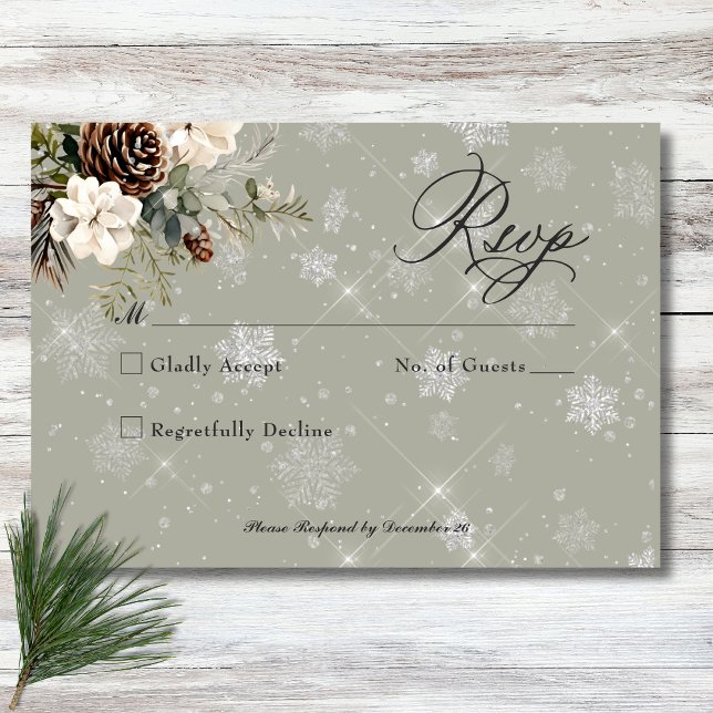 Rustic Snowfall Gräs & White Blommigt Sage Bröllop OSA Kort (Rustic Snowfall Pine & White Floral Sage Wedding RSVP Card)